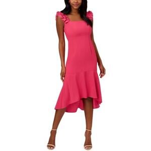 ADRIANNA PAPELL Crepe Hi-Low Pink Midi Dress Ruffle Barbie - Sz 12 - NWT